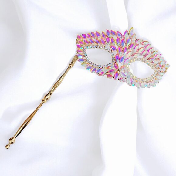 Gold masquerade mask, Diamond Crystal Mask, Masquerade Wedding mask, Stick Mask main image 7